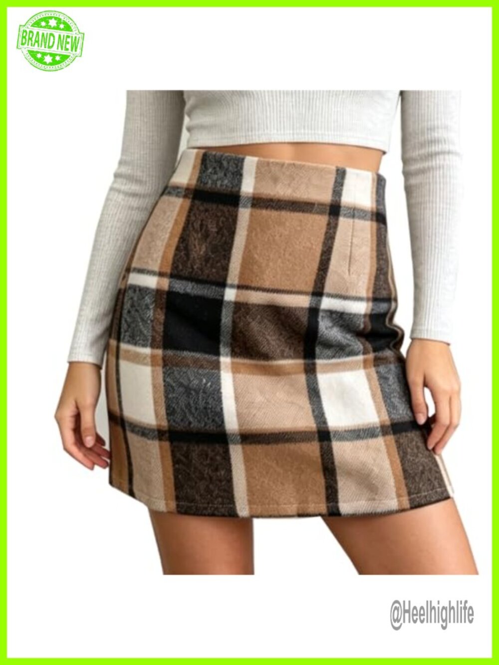 High Waisted Plaid Mini Skirt Wool Blend Bodycon Pencil Work Skirt